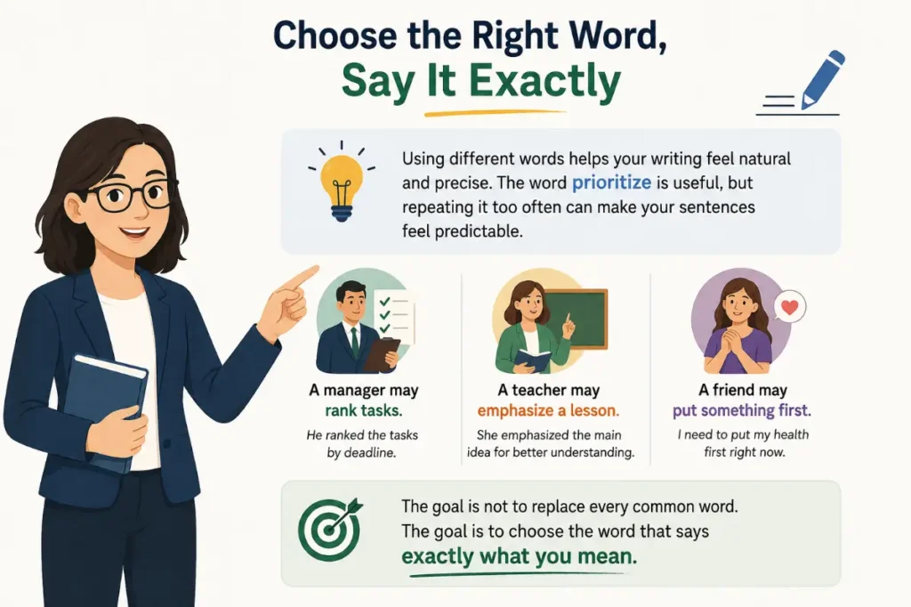 Why are synonyms for prioritize useful in writing?