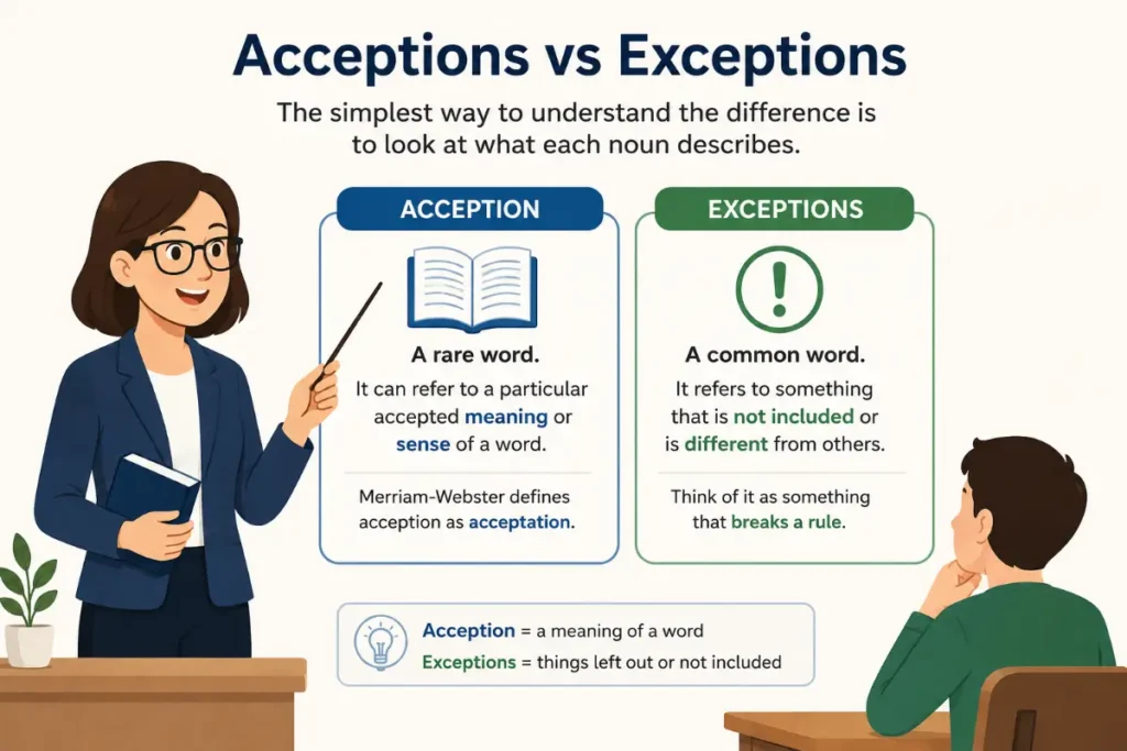 What is the difference between acception and exception?
