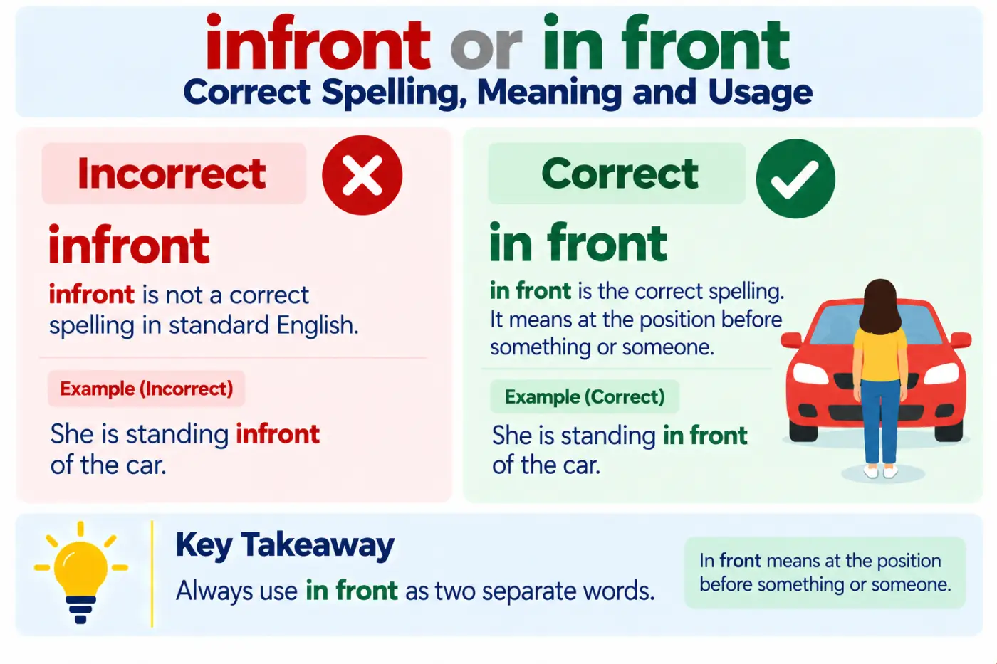 infront or in front Correct Spelling Meaning and Usage
